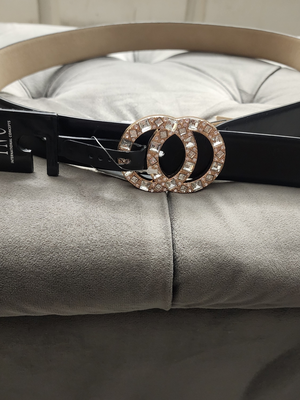 Women's Black Leather Belt with Rose Gold And Bling Crystal Double-Loop Buckle